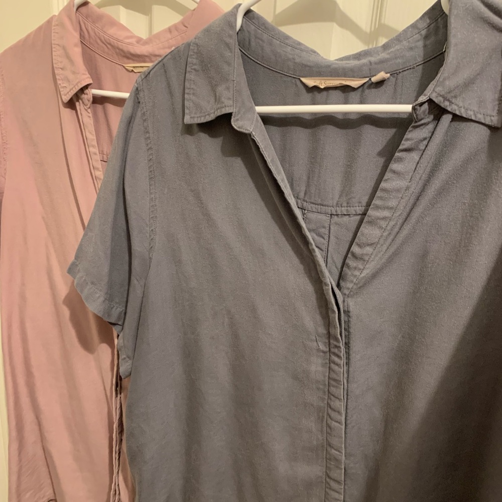 TWO Soft Surroundings Button Back Tunics - gray and pink